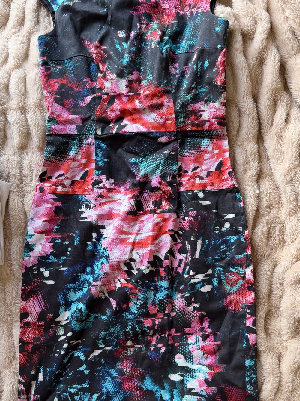French Connection Black Sheath Dress with Pink & Teal Abstract Print